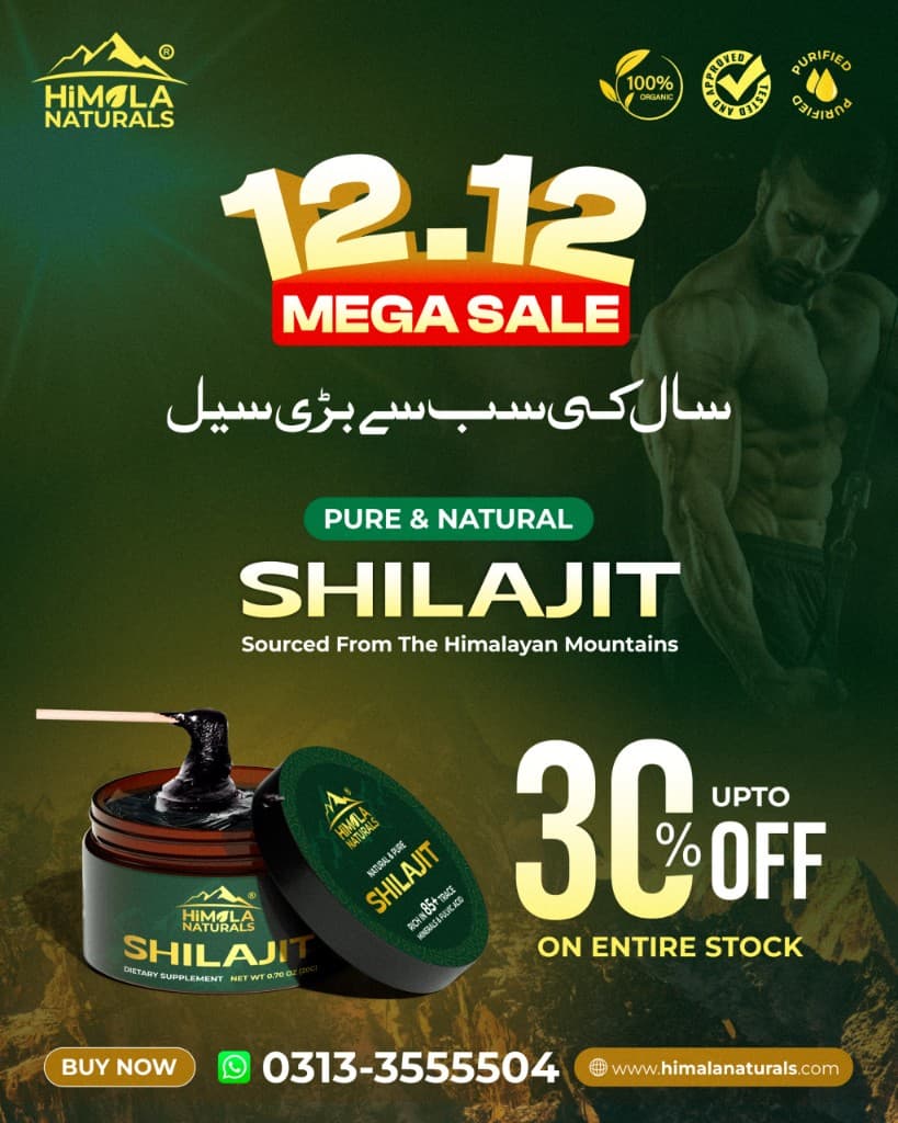 Himala Naturals mega sale poster showing shilajit resin